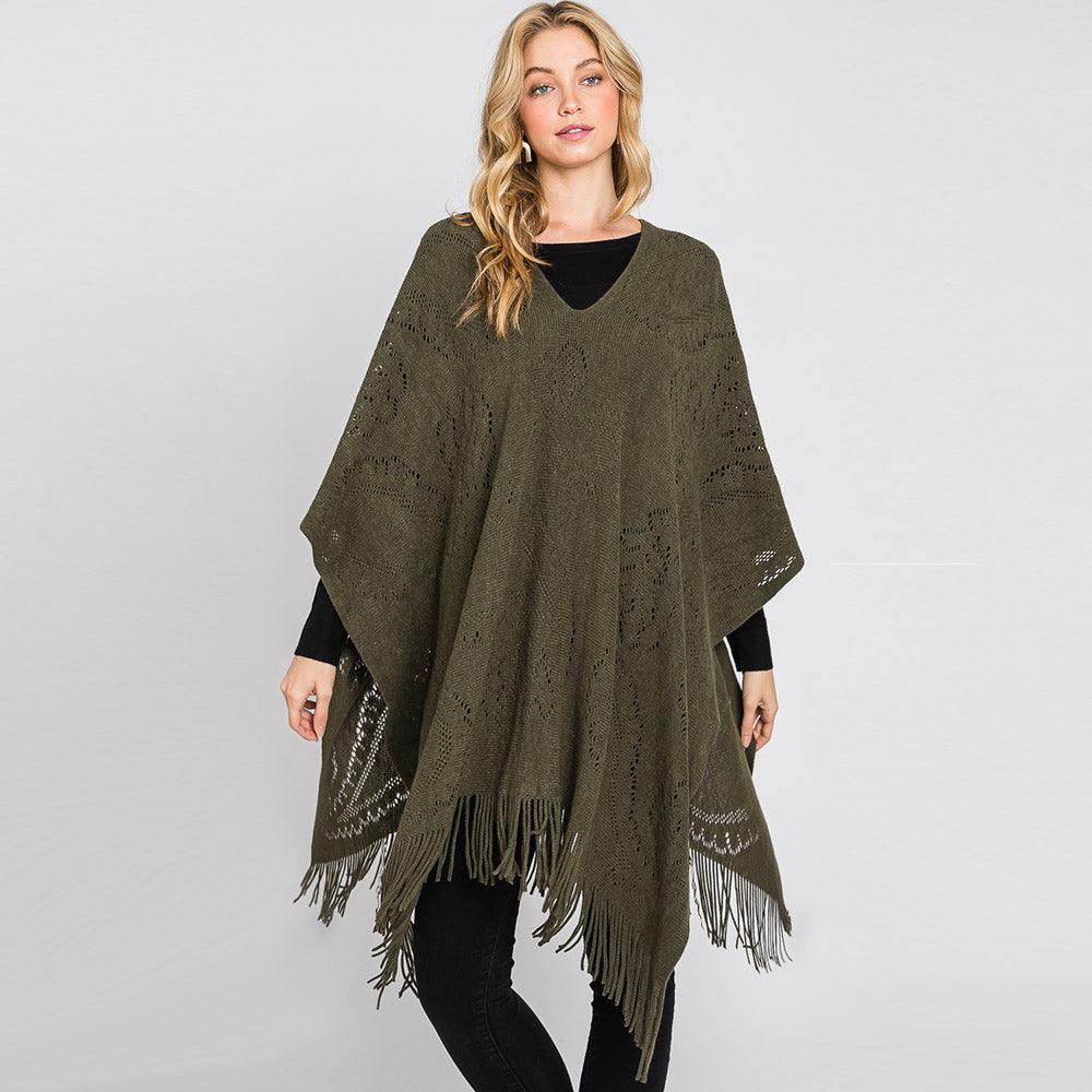 Olive Green Paisley Patterned Fringe Poncho - Jewelry Store by Erik Rayo