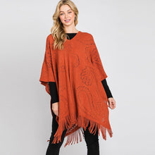 Load image into Gallery viewer, Rust Paisley Patterned Fringe Poncho
