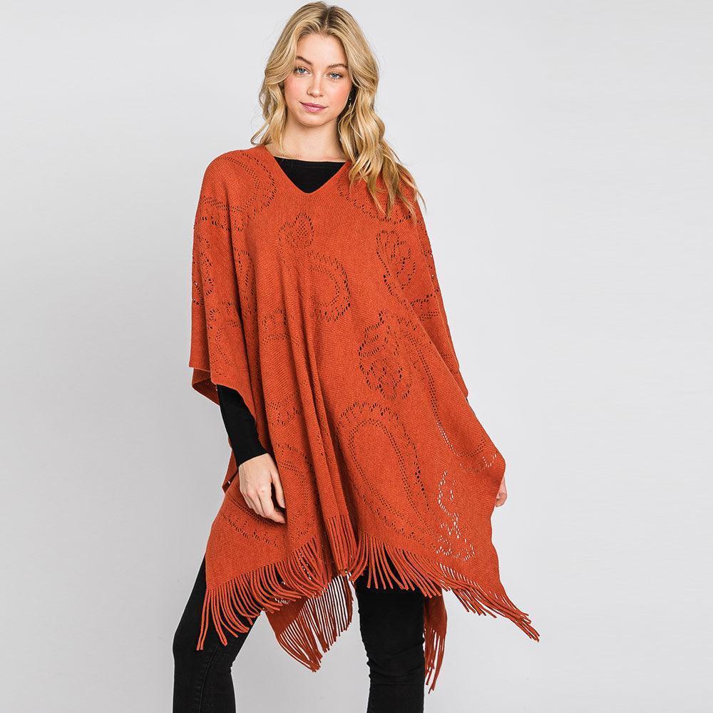 Rust Paisley Patterned Fringe Poncho - Jewelry Store by Erik Rayo