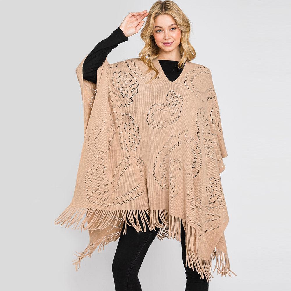 Taupe Paisley Patterned Fringe Poncho - Jewelry Store by Erik Rayo