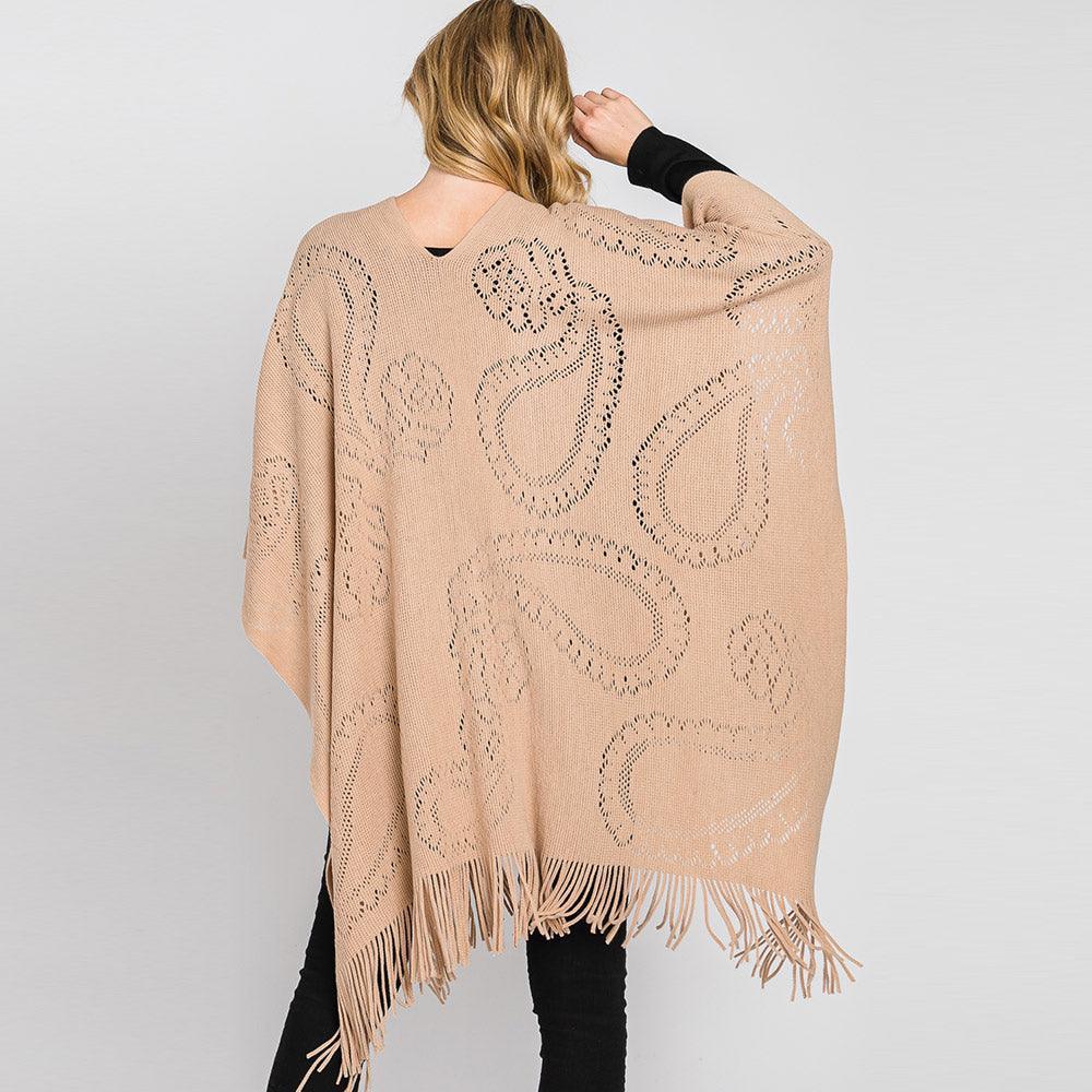 Taupe Paisley Patterned Fringe Poncho - Jewelry Store by Erik Rayo