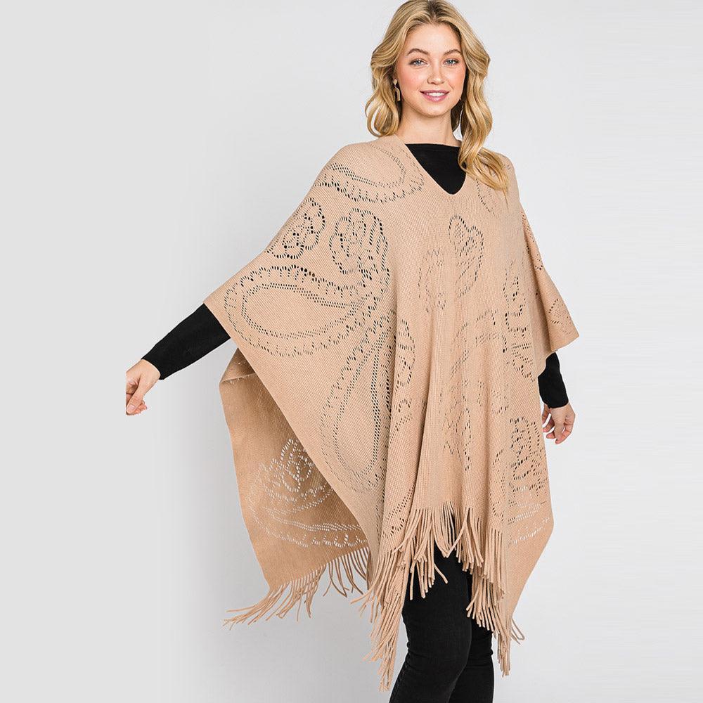 Taupe Paisley Patterned Fringe Poncho - Jewelry Store by Erik Rayo