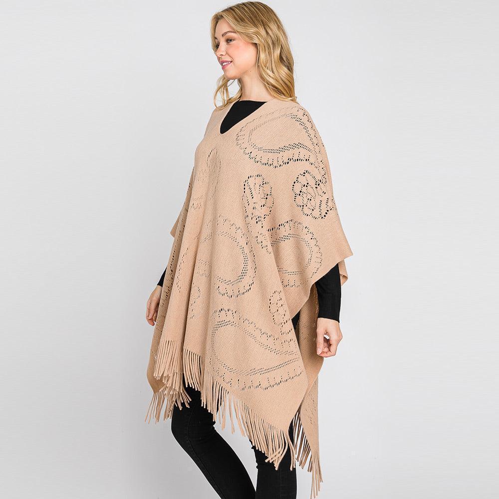 Taupe Paisley Patterned Fringe Poncho - Jewelry Store by Erik Rayo