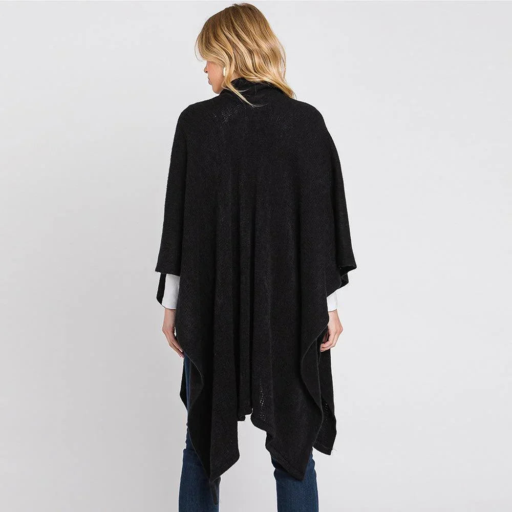 Black Attached Scarf Solid Cape Poncho with Neckline Tie - Jewelry Store by Erik Rayo