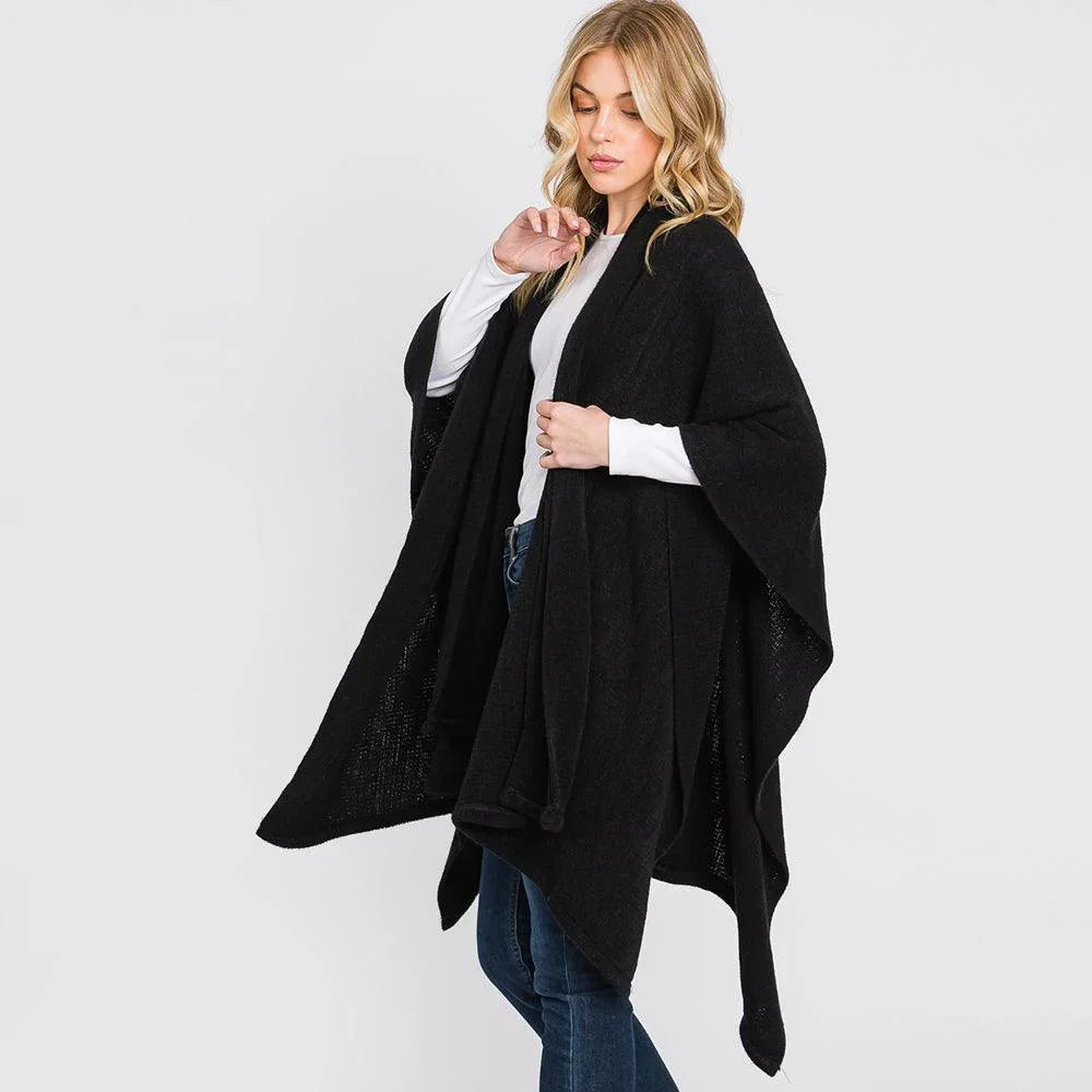 Black Attached Scarf Solid Cape Poncho with Neckline Tie - Jewelry Store by Erik Rayo