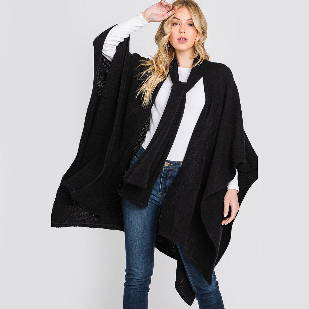Black Attached Scarf Solid Cape Poncho with Neckline Tie - Jewelry Store by Erik Rayo