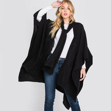 Load image into Gallery viewer, Black Attached Scarf Solid Cape Poncho with Neckline Tie
