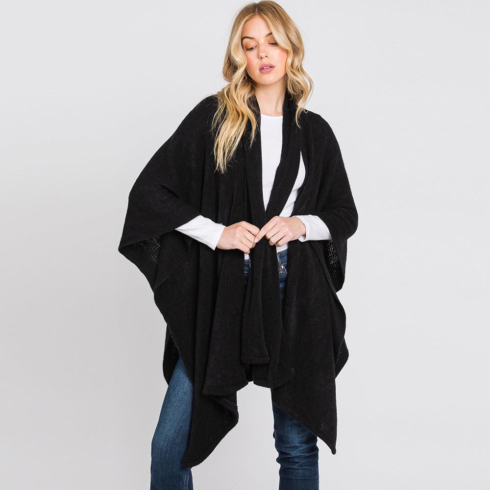 Black Attached Scarf Solid Cape Poncho with Neckline Tie - Jewelry Store by Erik Rayo
