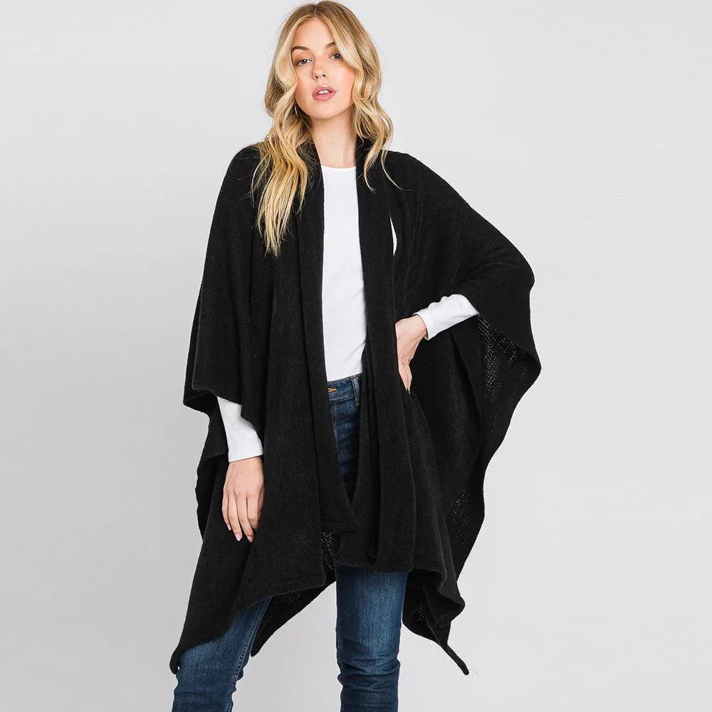 Black Attached Scarf Solid Cape Poncho with Neckline Tie - Jewelry Store by Erik Rayo