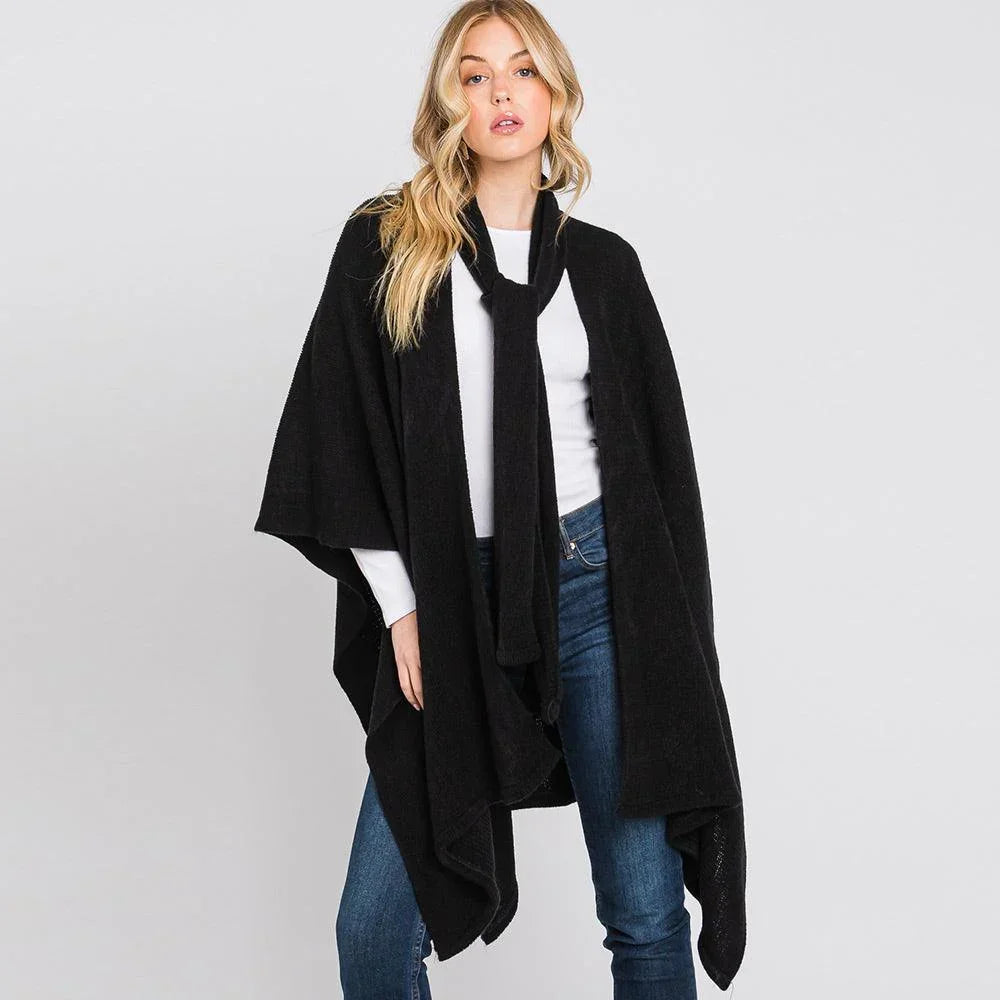 Black Attached Scarf Solid Cape Poncho with Neckline Tie - Jewelry Store by Erik Rayo