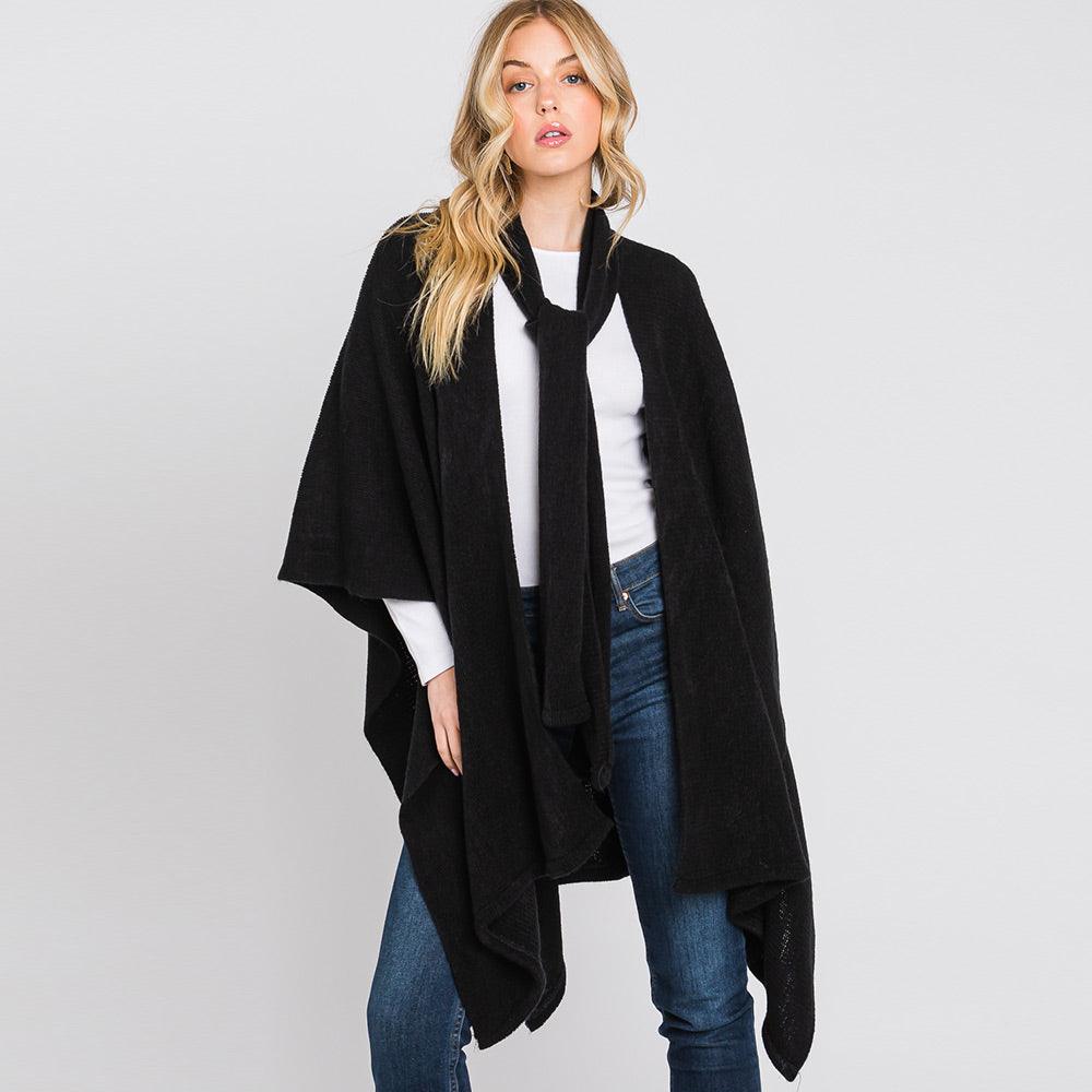 Black Attached Scarf Solid Cape Poncho with Neckline Tie