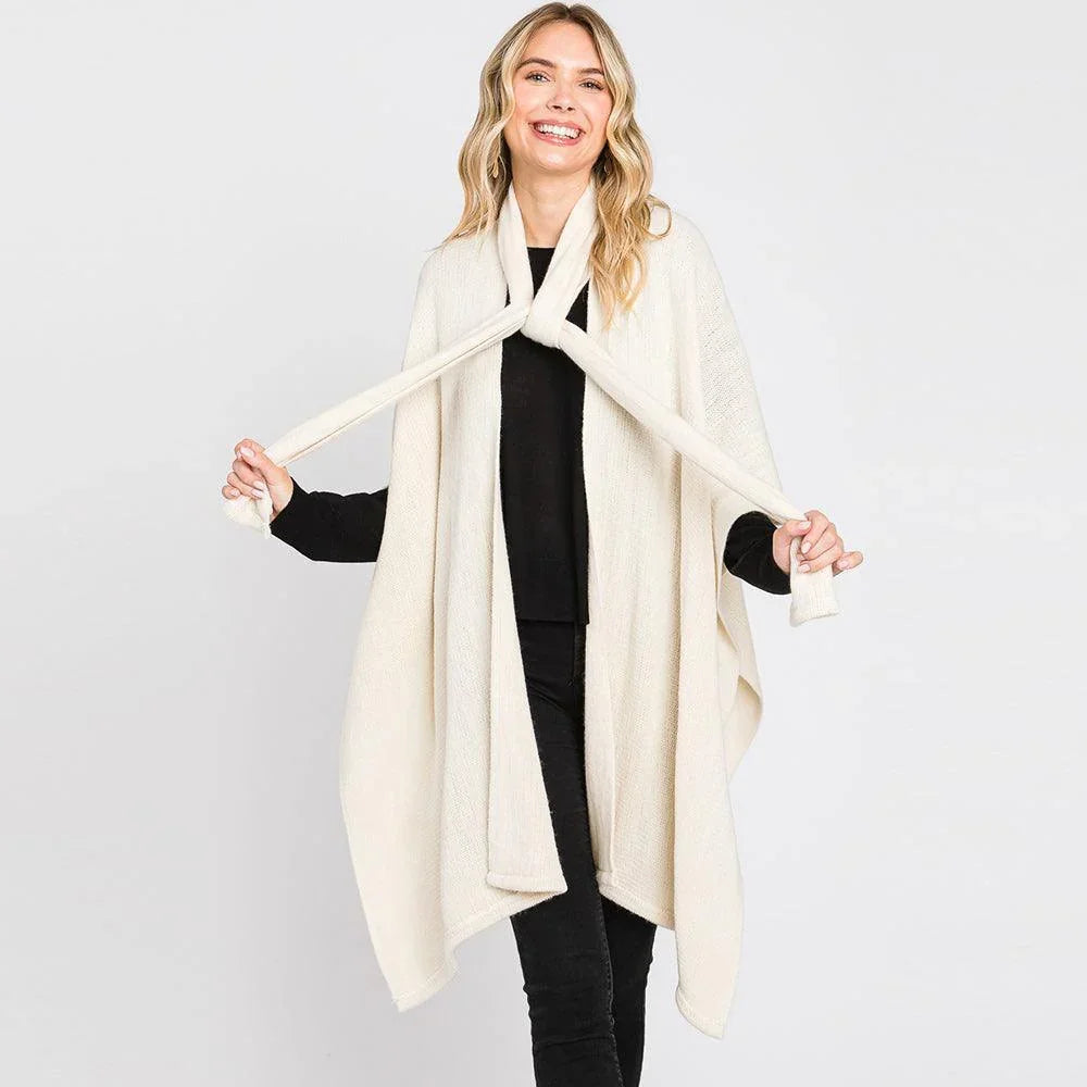 Ivory Attached Scarf Solid Cape Poncho with Neckline Tie - Jewelry Store by Erik Rayo