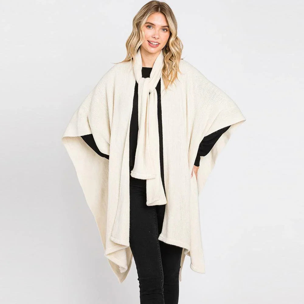 Ivory Attached Scarf Solid Cape Poncho with Neckline Tie - Jewelry Store by Erik Rayo