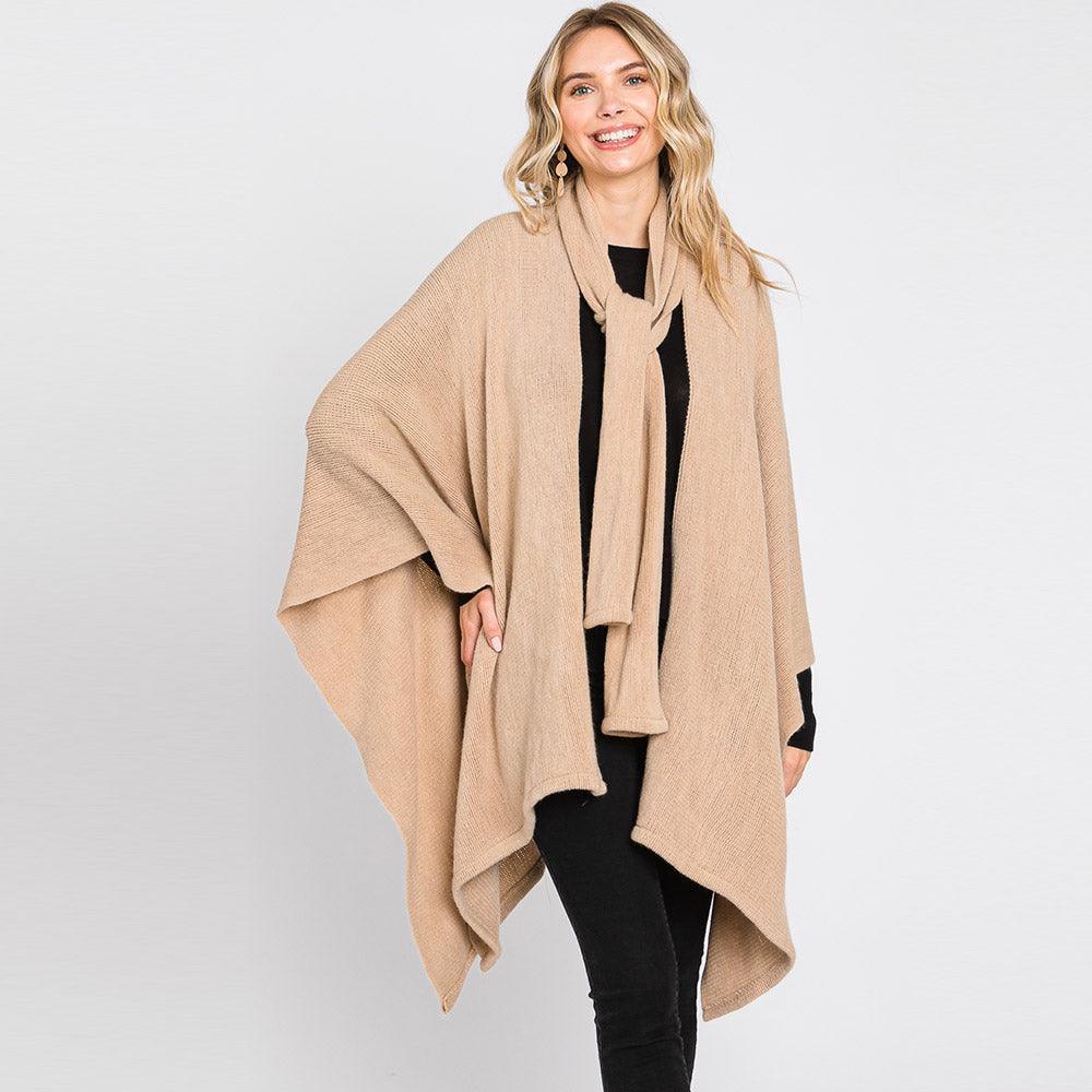 Taupe Attached Scarf Solid Cape Poncho with Neckline Tie - Jewelry Store by Erik Rayo