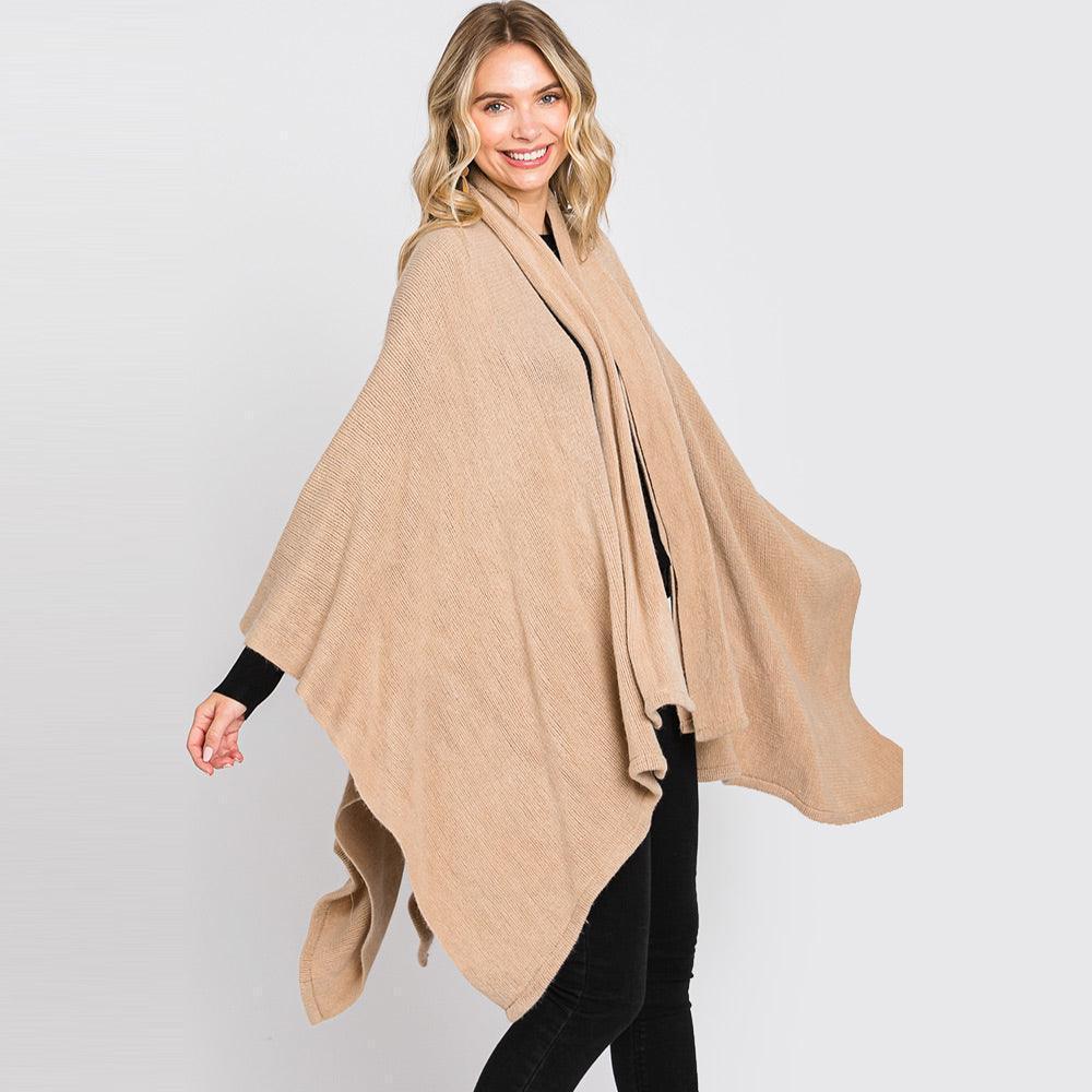 Taupe Attached Scarf Solid Cape Poncho with Neckline Tie - Jewelry Store by Erik Rayo