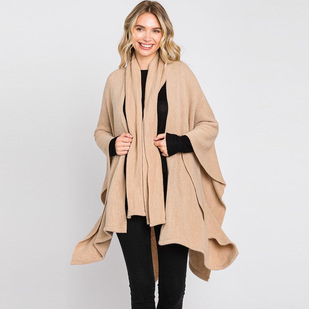 Taupe Attached Scarf Solid Cape Poncho with Neckline Tie - Jewelry Store by Erik Rayo