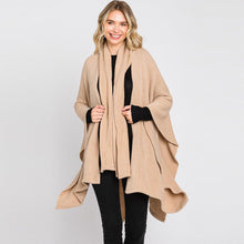 Load image into Gallery viewer, Taupe Attached Scarf Solid Cape Poncho with Neckline Tie
