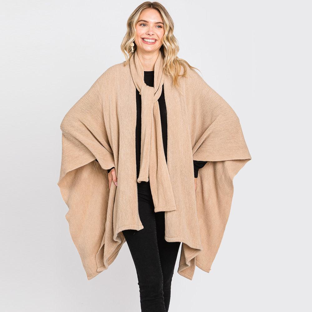 Taupe Attached Scarf Solid Cape Poncho with Neckline Tie - Jewelry Store by Erik Rayo