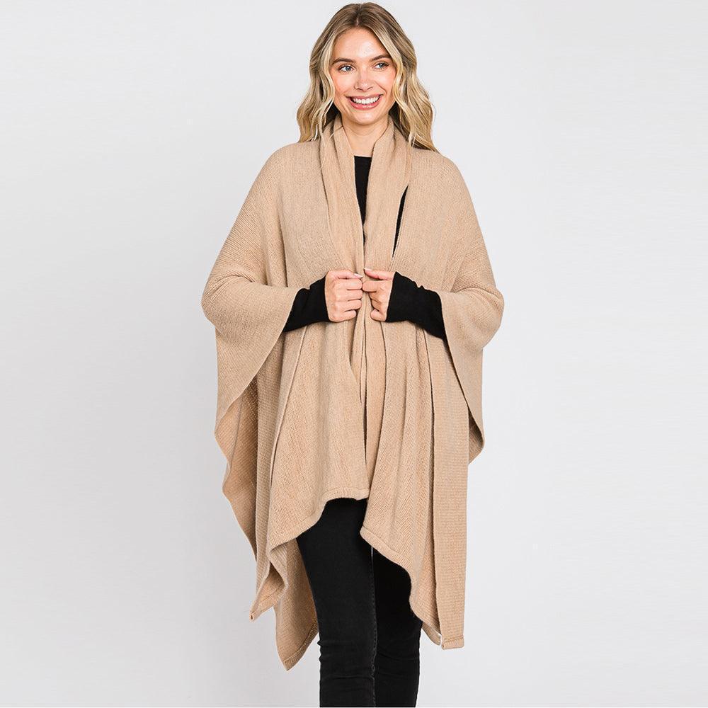 Taupe Attached Scarf Solid Cape Poncho with Neckline Tie - Jewelry Store by Erik Rayo