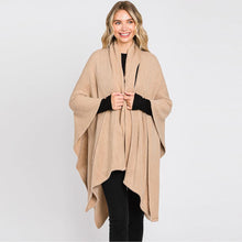 Load image into Gallery viewer, Taupe Attached Scarf Solid Cape Poncho with Neckline Tie
