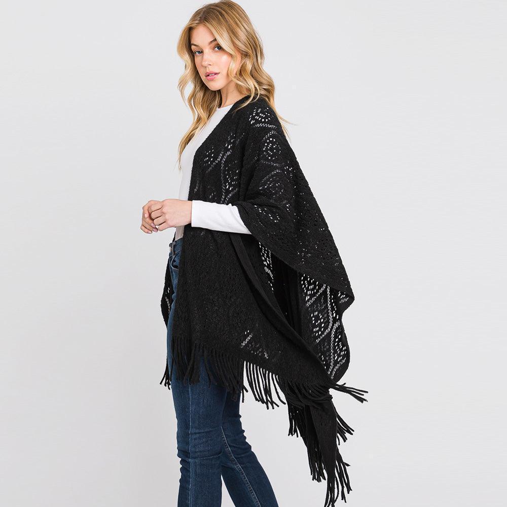 Black Patterned Fringe Ruana Poncho - Jewelry Store by Erik Rayo