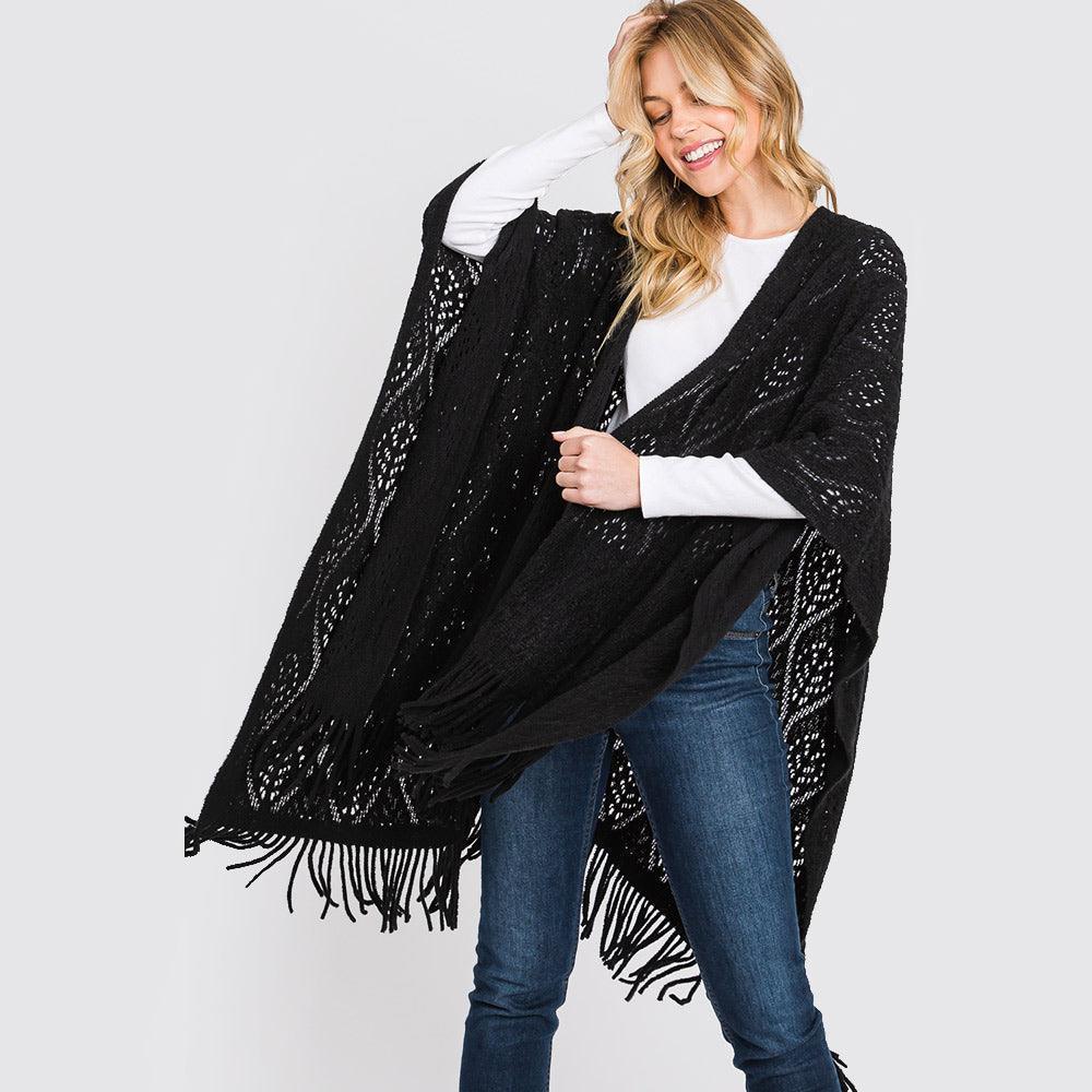 Black Patterned Fringe Ruana Poncho - Jewelry Store by Erik Rayo