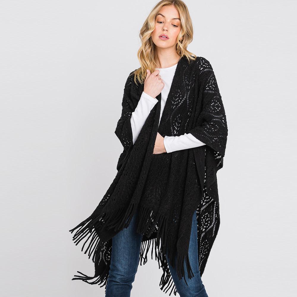 Black Patterned Fringe Ruana Poncho - Jewelry Store by Erik Rayo