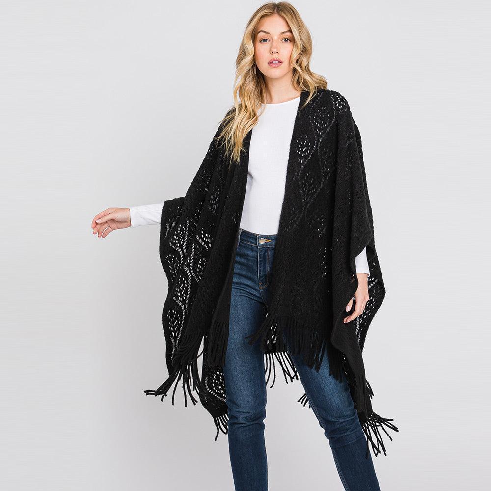 Black Patterned Fringe Ruana Poncho - Jewelry Store by Erik Rayo