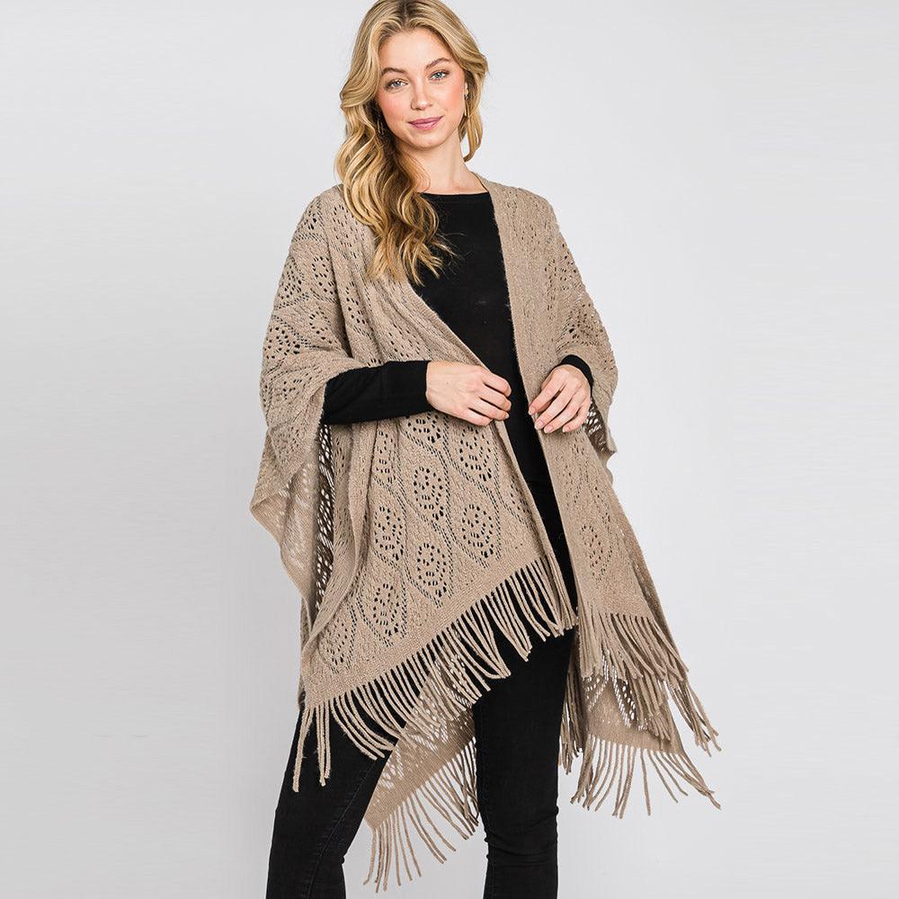 Taupe Patterned Fringe Ruana Poncho - Jewelry Store by Erik Rayo