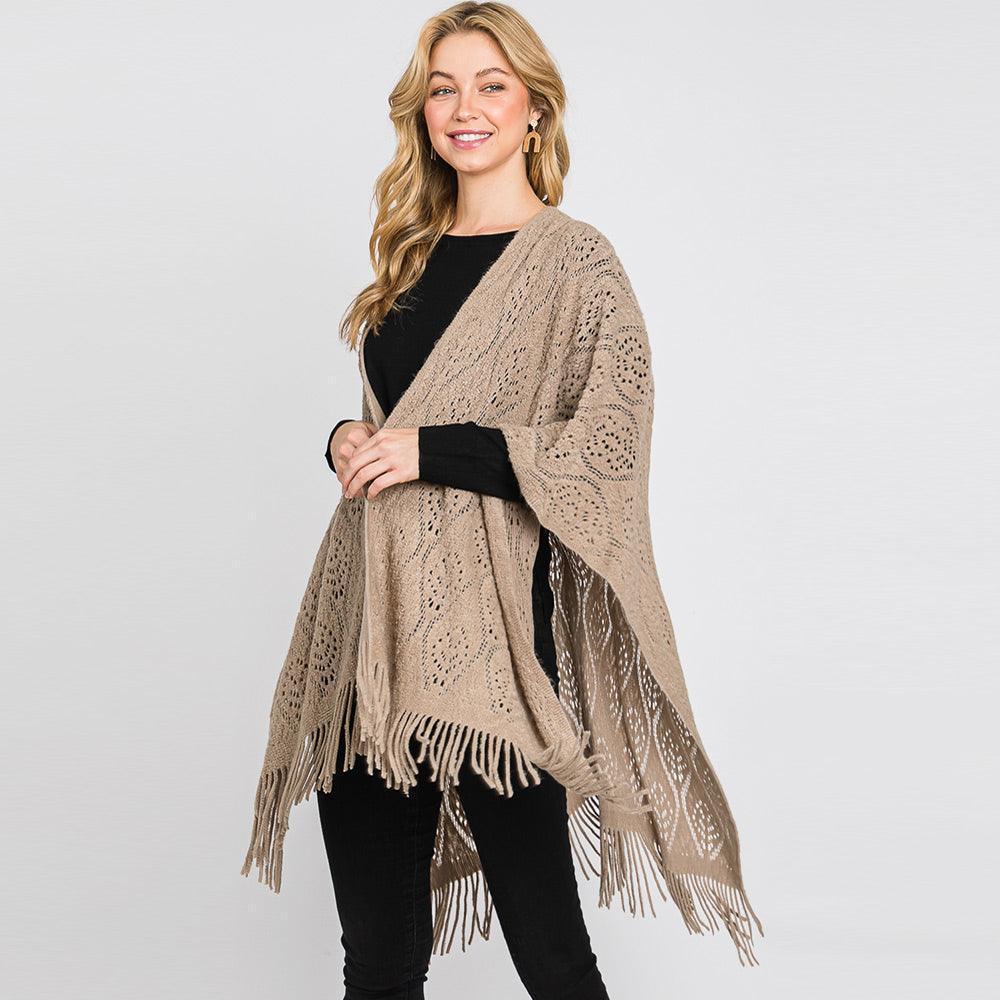 Taupe Patterned Fringe Ruana Poncho - Jewelry Store by Erik Rayo