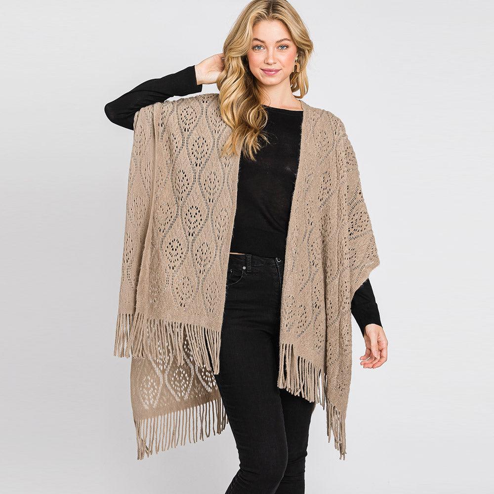 Taupe Patterned Fringe Ruana Poncho - Jewelry Store by Erik Rayo