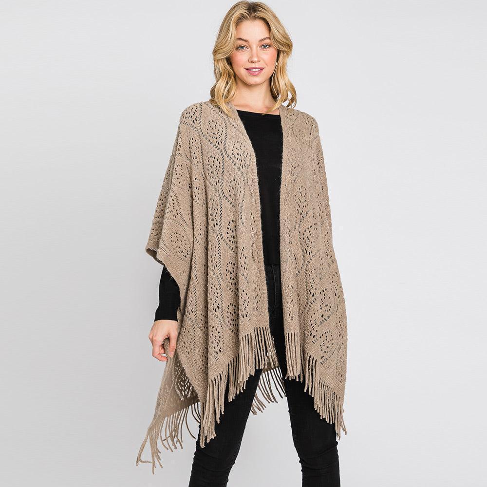 Taupe Patterned Fringe Ruana Poncho - Jewelry Store by Erik Rayo