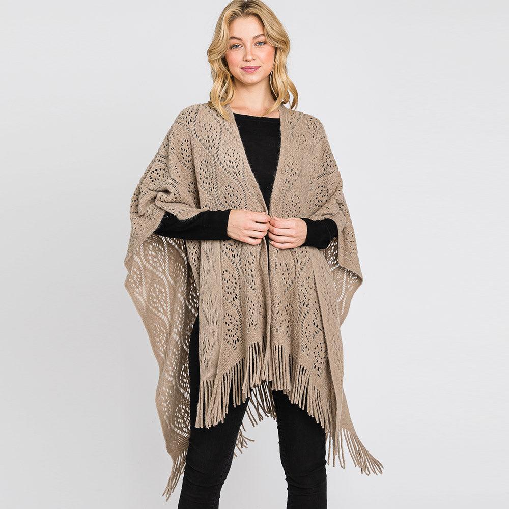 Taupe Patterned Fringe Ruana Poncho - Jewelry Store by Erik Rayo