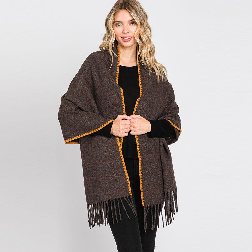 Brown Edge Pointed Fringe Oblong Scarf