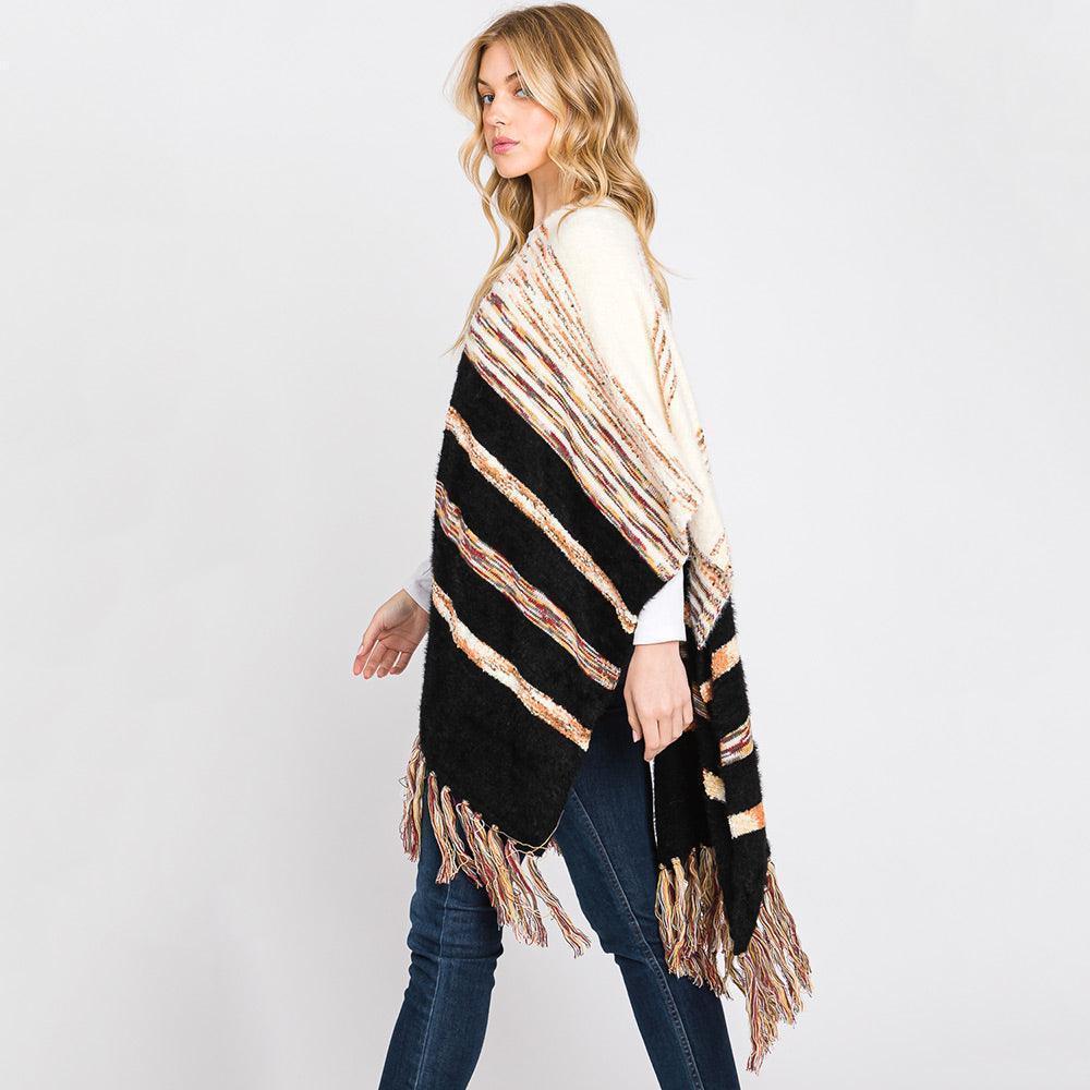 Black Striped Tassel Fringe Ruana Poncho - Jewelry Store by Erik Rayo