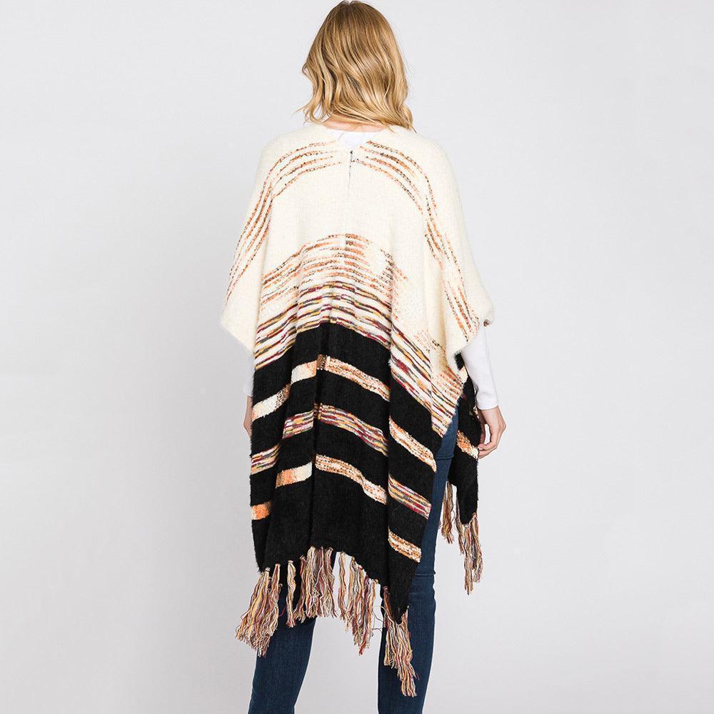 Black Striped Tassel Fringe Ruana Poncho - Jewelry Store by Erik Rayo