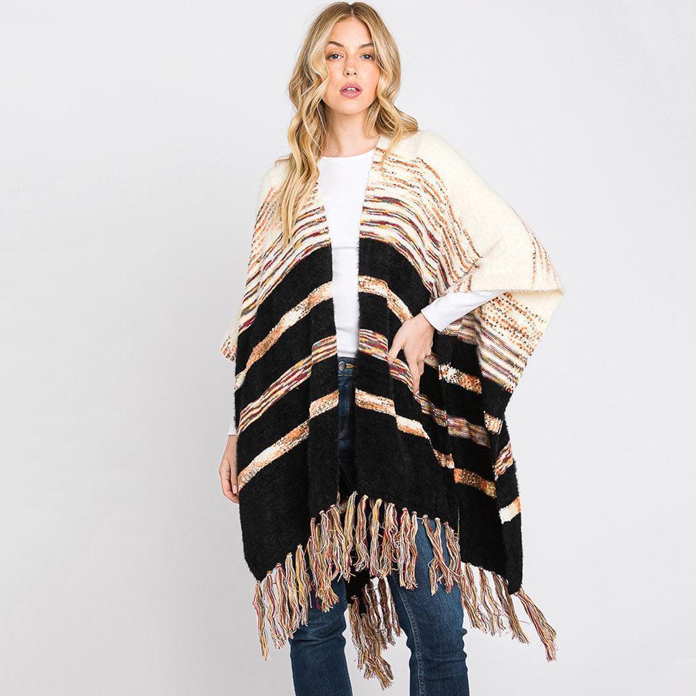 Black Striped Tassel Fringe Ruana Poncho - Jewelry Store by Erik Rayo