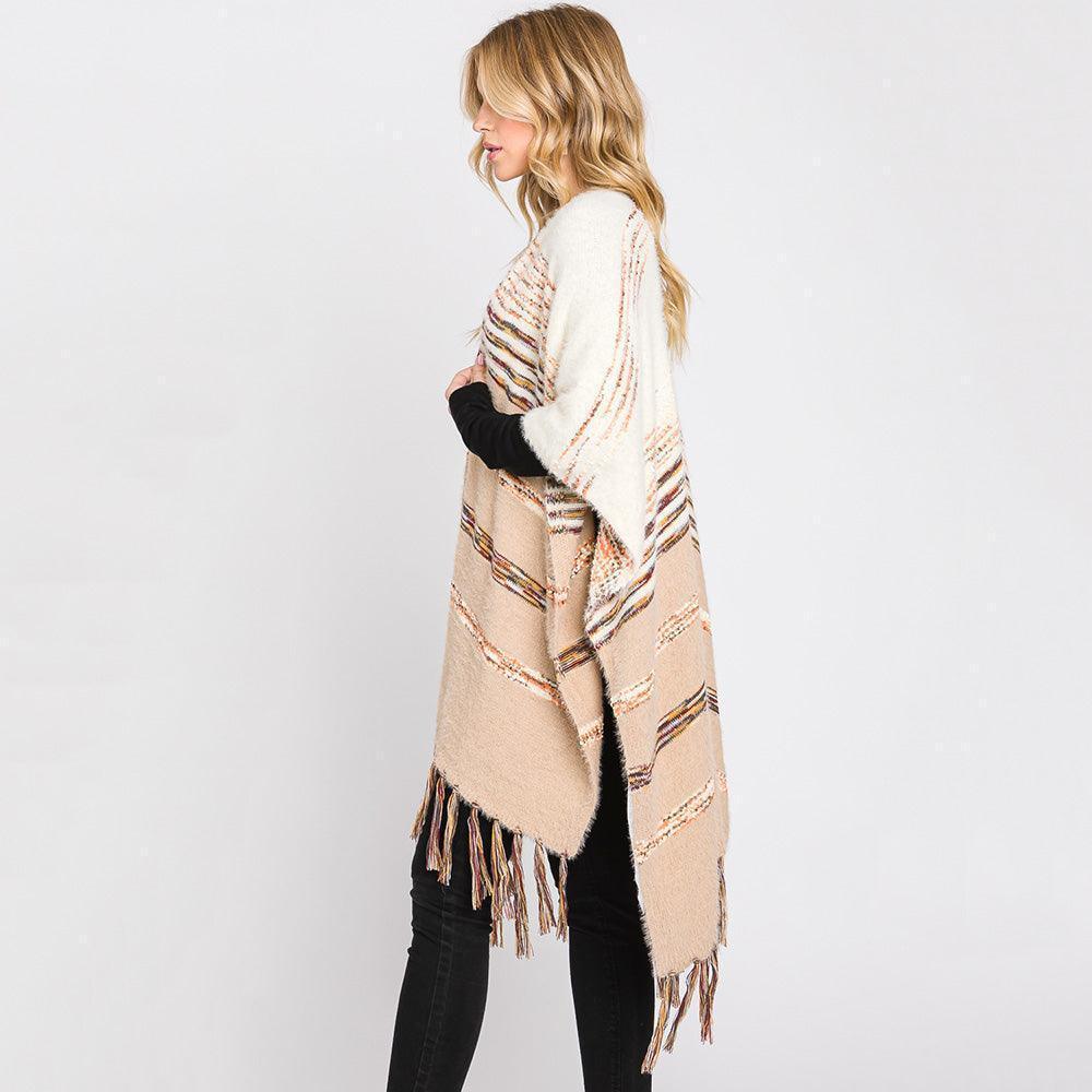 Camel Striped Tassel Fringe Ruana Poncho - Jewelry Store by Erik Rayo