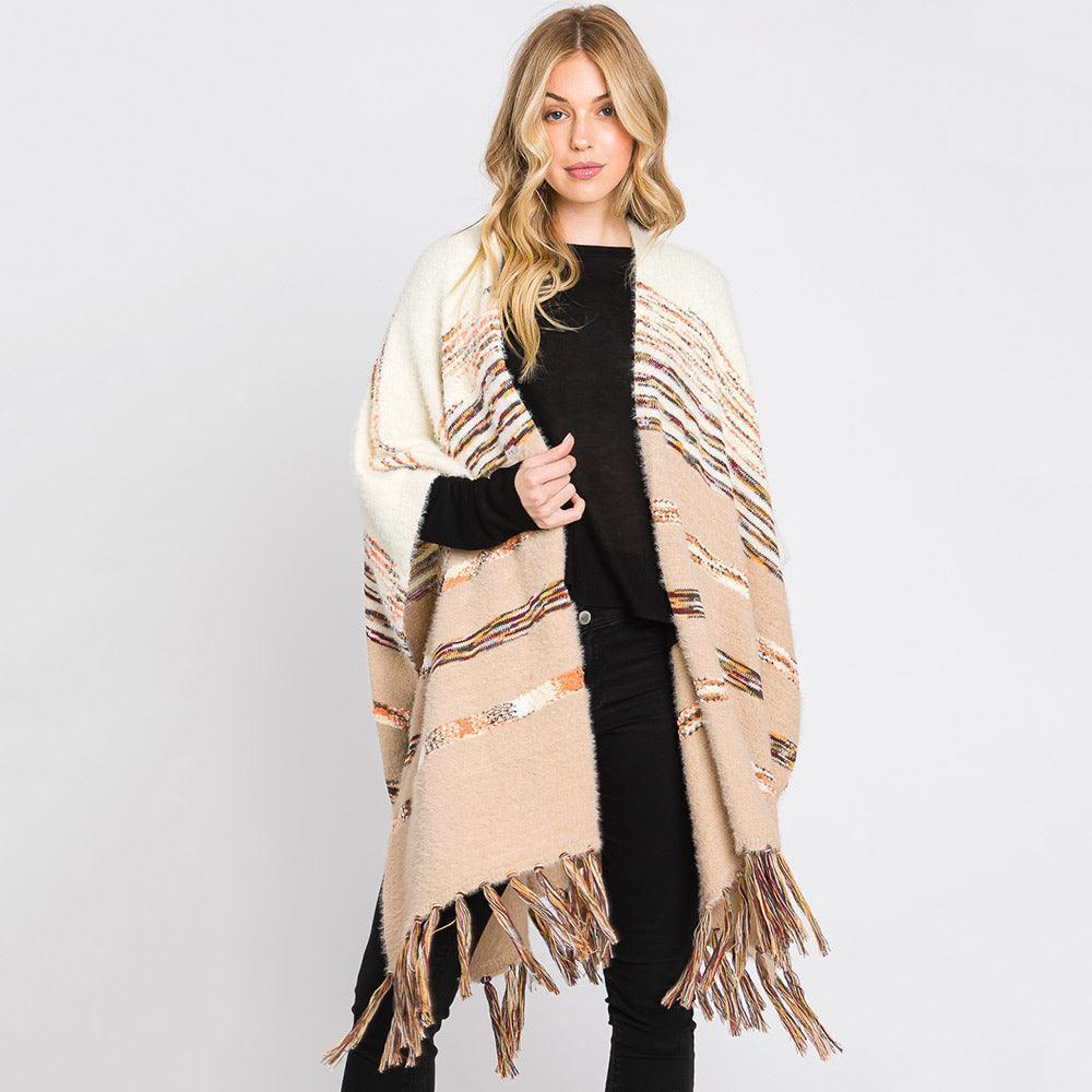 Camel Striped Tassel Fringe Ruana Poncho - Jewelry Store by Erik Rayo