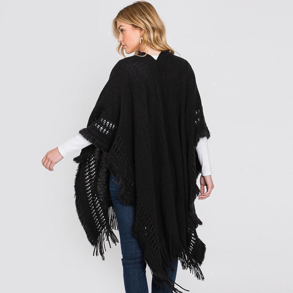 Black Fringe Cut Out Knit Ruana Poncho - Jewelry Store by Erik Rayo