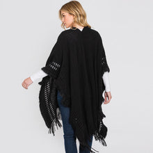 Load image into Gallery viewer, Black Fringe Cut Out Knit Ruana Poncho
