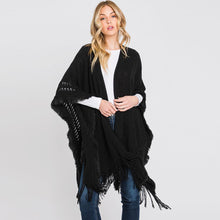 Load image into Gallery viewer, Black Fringe Cut Out Knit Ruana Poncho
