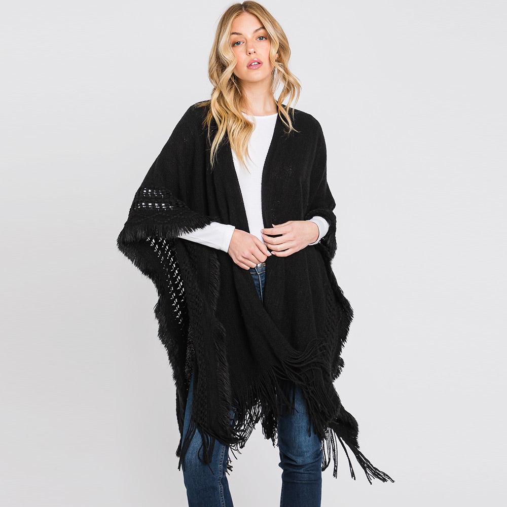 Black Fringe Cut Out Knit Ruana Poncho