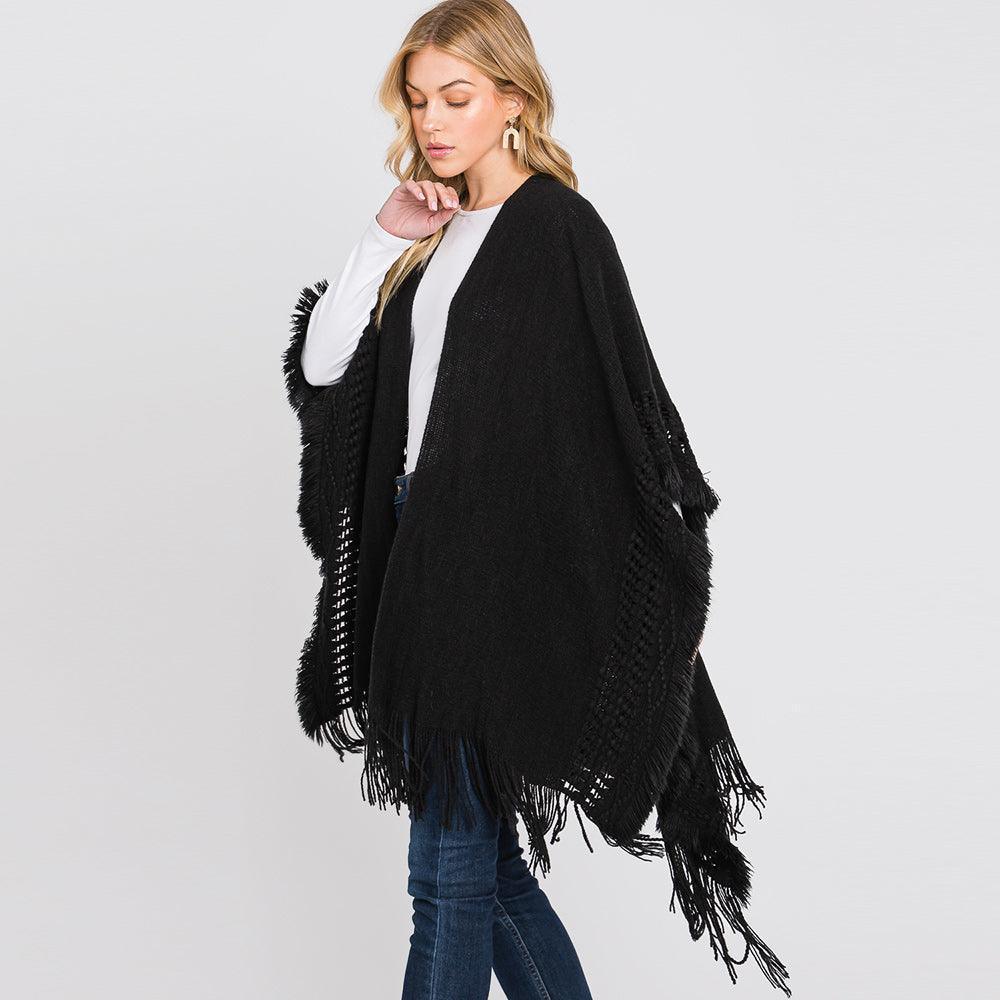 Black Fringe Cut Out Knit Ruana Poncho - Jewelry Store by Erik Rayo