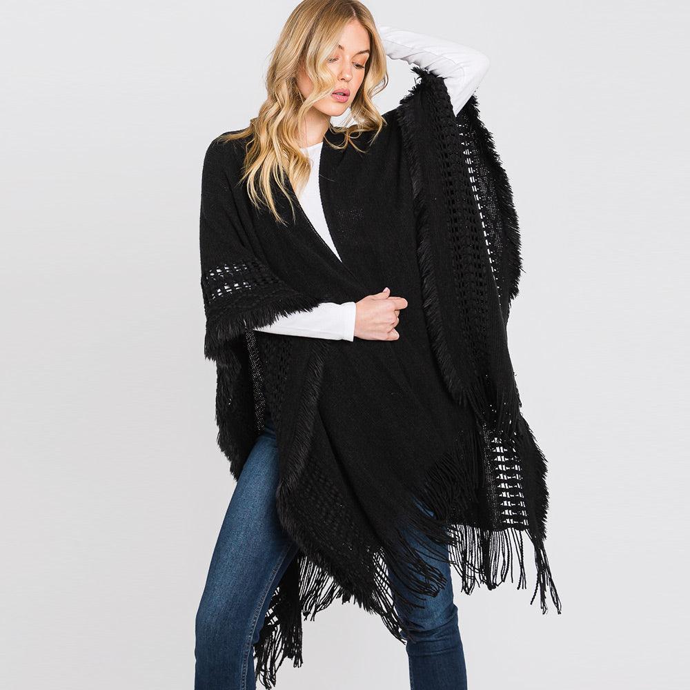 Black Fringe Cut Out Knit Ruana Poncho - Jewelry Store by Erik Rayo
