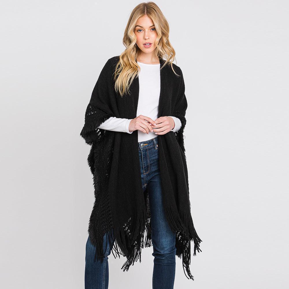 Black Fringe Cut Out Knit Ruana Poncho - Jewelry Store by Erik Rayo
