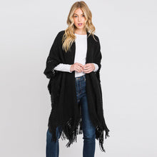 Load image into Gallery viewer, Black Fringe Cut Out Knit Ruana Poncho
