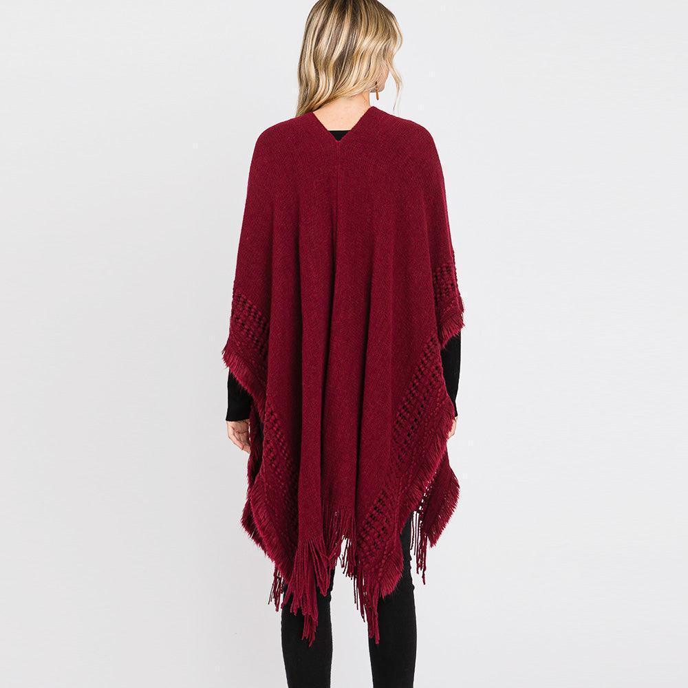 Burgundy Fringe Cut Out Knit Ruana Poncho - Jewelry Store by Erik Rayo