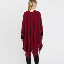 Load image into Gallery viewer, Burgundy Fringe Cut Out Knit Ruana Poncho
