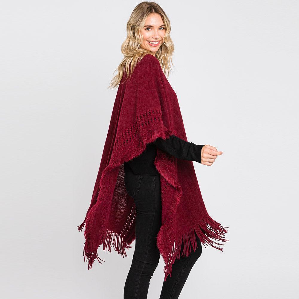 Burgundy Fringe Cut Out Knit Ruana Poncho - Jewelry Store by Erik Rayo